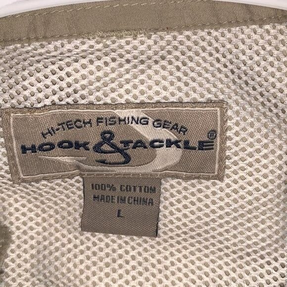 Hook & Tackle Mens Long Sleeve Fishing Shirt L Khaki Cotton Mesh Lining Metso Lo - Picture 2 of 10